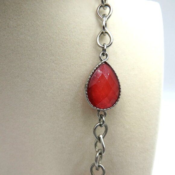 Multi Strand Layered Necklace Bib Coral Pink Faceted Beads 32" Silver Tone Chain - Picture 7 of 7